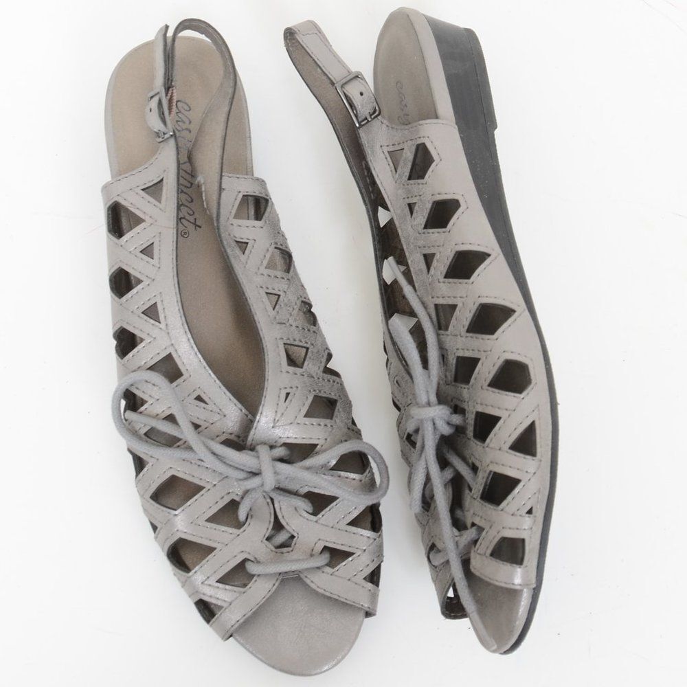 Easy Street Women's 9 Grey Lace Up Wedge Slingback Sandal Comfy Vacay Travel